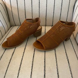 Peep toe low heel sandals with ankle strap